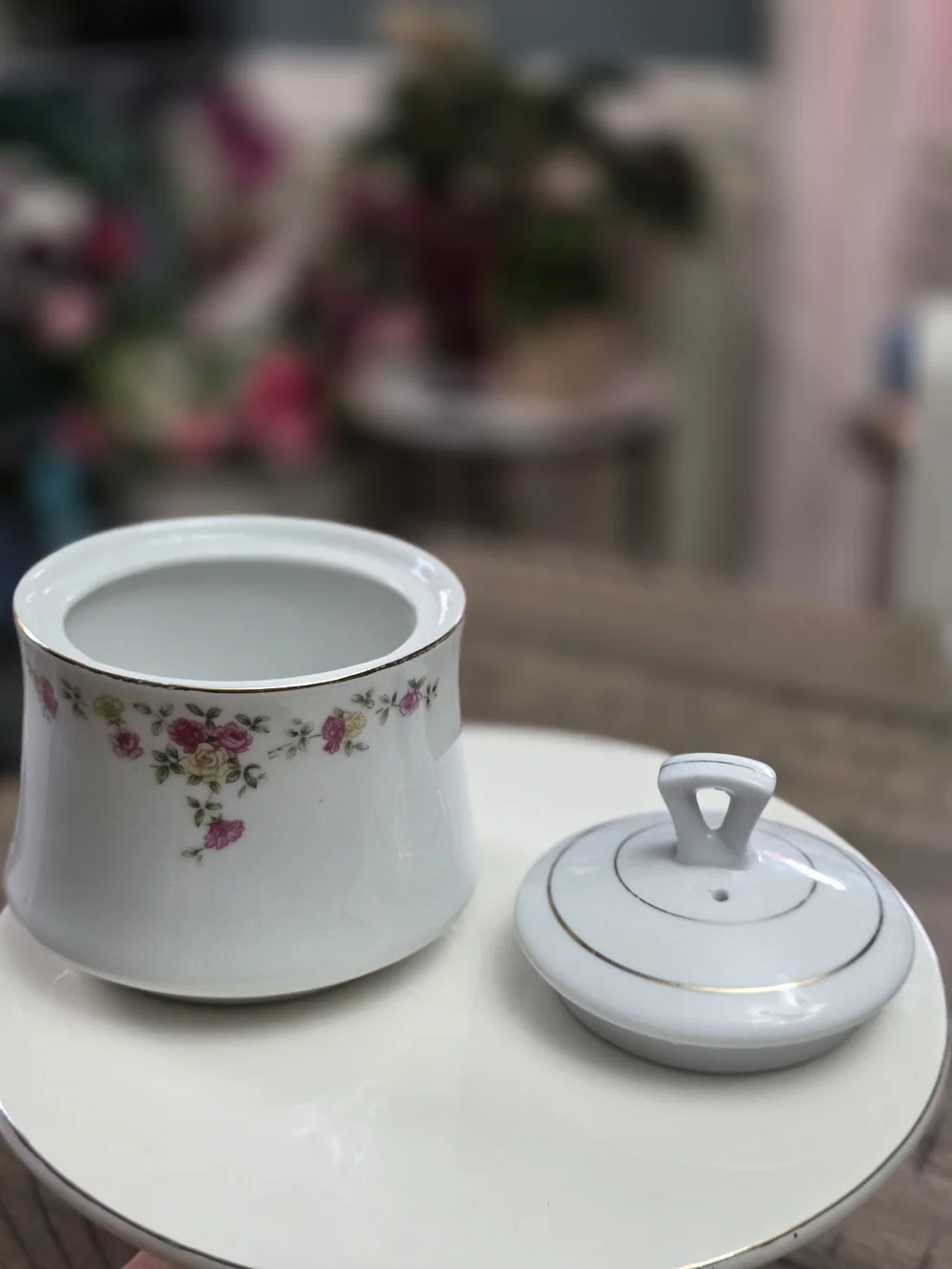 Porcelain Sugar Bowl with Pink Rose Motif - White and Gold Accent